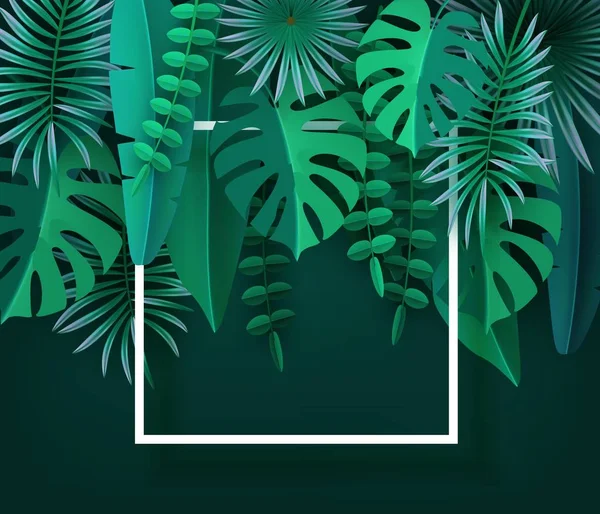 Tropikalny liści i roślin. Zielone tło z roślinnością tropikalną. Cięcie papieru. Rama, miejsce dla tekstu. Ilustracja wektorowa — Wektor stockowy
