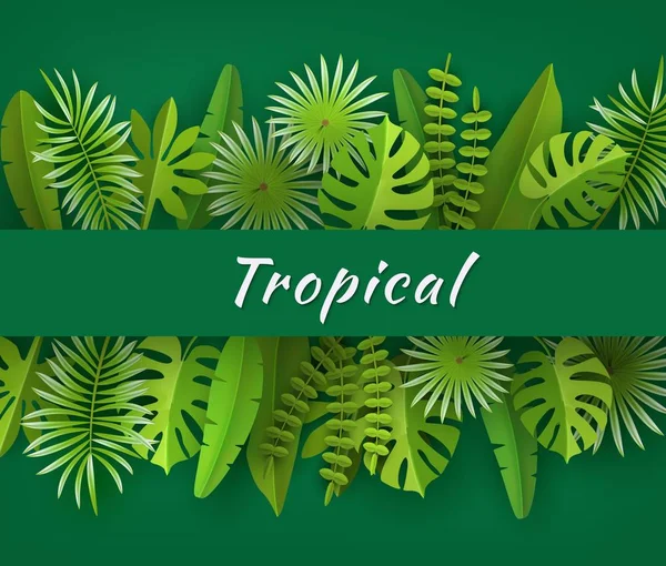 Folhas e plantas tropicais. Fundo abstrato verde com folhagem tropical. Papel cortado. Ilustração vetorial —  Vetores de Stock