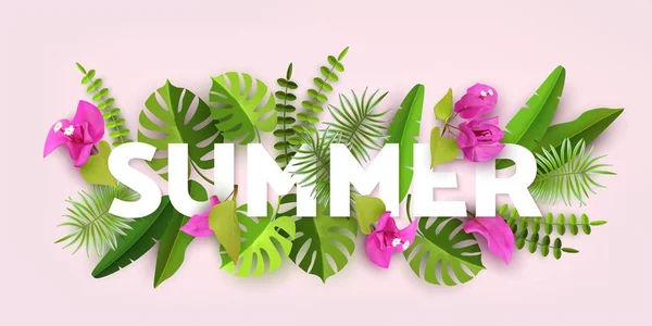 Folhas tropicais de verão na moda. Fundo abstrato verde com folhagem tropical. Papel cortado. Design de vetores — Vetor de Stock
