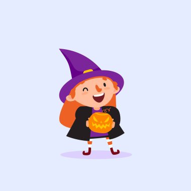 Halloween cadı tutarak ellerinde kabak ve vektör çizim gülüyor