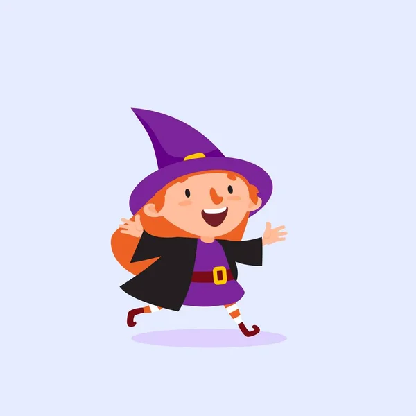 Halloween strega corre e si rallegra Ragazza in costume da strega Isolato vettoriale illustrazione — Vettoriale Stock