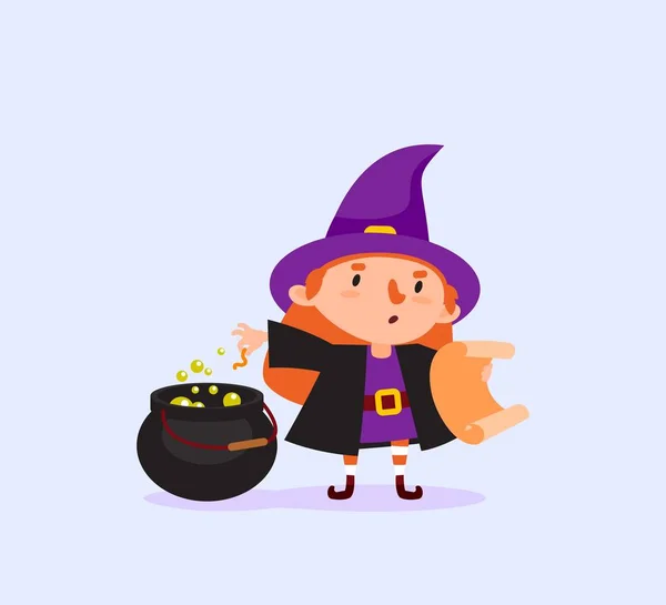 Halloween Hexe kocht einen Zaubertrank in einem Kessel und liest das Rezept in der Schriftrolle isoliert Vektor — Stockvektor