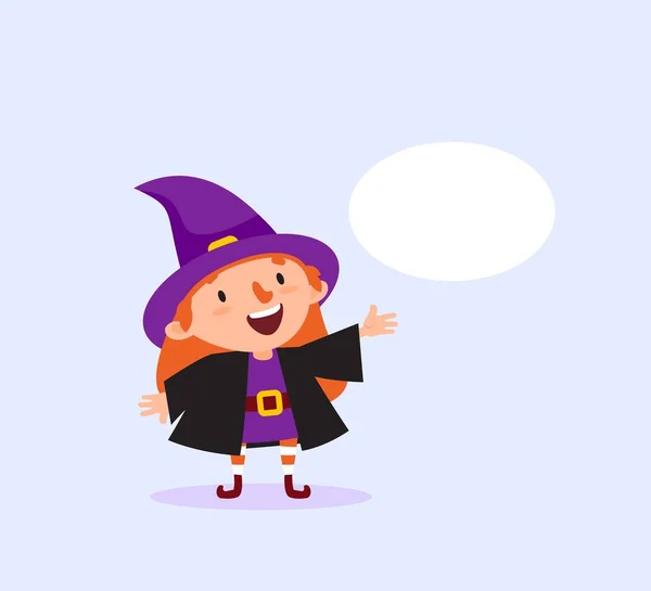 Halloween-Hexe mit Blase für Textmädchen im Hexenkostüm lächelnd isolierter Vektor — Stockvektor