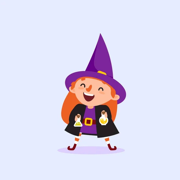 Halloween boszorkány nevet, és rendelkezik az üveget a bájitalt lány boszorkány jelmez vektor — Stock Vector