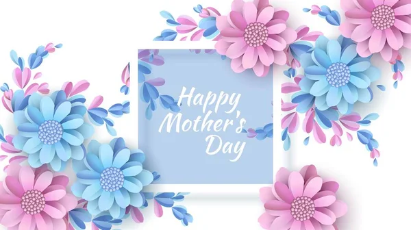Abstracte feestelijke achtergrond met bloemen en een rechthoekig Frame. Happy Mother's Day. Vrouwendag, 8 maart. Papieren bloemen groet Card. Vector illustratie knippen — Stockvector