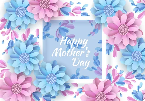 Abstract Festive Background with Flowers and a Rectangular Frame. Happy Mother's Day. Women's Day, March 8. Paper cut Floral Greeting Card. Vector illustration — Stock Vector