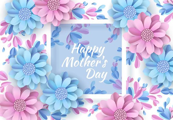 Abstract Festive Background with Flowers and a Rectangular Frame. Happy Mother's Day. Women's Day, March 8. Paper cut Floral Greeting Card. Vector illustration