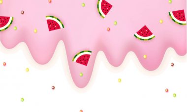 Beyaz bir arka plan üzerinde dondurma dilimleri meyveleri tatlı lezzet vektör ile izole karpuz ve lolipop 3d açık pembe pastel kenarlık dondurma erime serpilir
