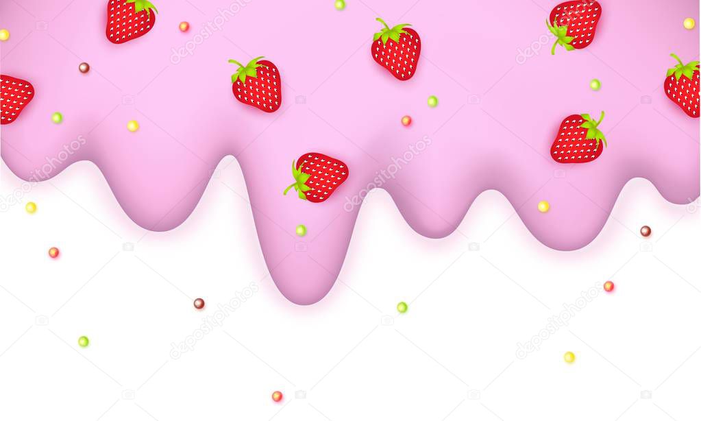 Melting ice cream sprinkled with strawberry and lollipops 3d light pink pastel border isolated on a white background Ice cream with slices berries Sweet delicacy Vector