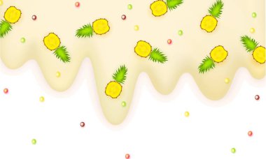 Beyaz bir arka plan üzerinde vanilyalı dondurma ile meyve lobules tatlı incelik vektör izole ananas ve lolipop 3d açık pastel kenarlık dondurma erime serpilir