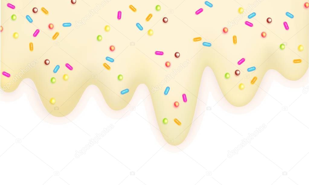 Melting ice cream sprinkled with lollipops 3d pastel milk border isolated on a white background Sweet delicacy Summertime Vector