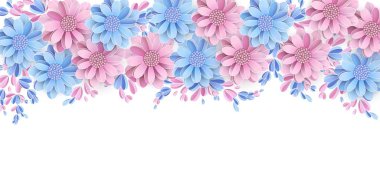 Çiçek sınır beyaz arka plan üzerinde Pastel ışık mavi ve pembe çiçekler 3d elemanları vektör ile izole.