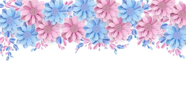 Borde floral aislado sobre fondo blanco Flores de color azul claro y rosa pastel con elementos 3d Vector — Archivo Imágenes Vectoriales