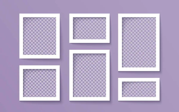 Zes witte rechthoekige lege foto frame patronen geïsoleerd op paarse achtergrond vectorillustratie — Stockvector