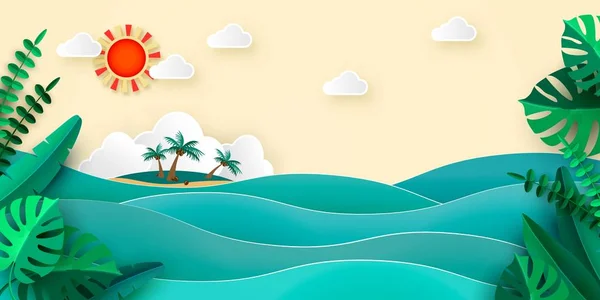 Morze wyspa palm tropikalny liści w stylu papercut chmury słońce. Banner reklamowy dla promocji podróży usług wektor ilustracja — Wektor stockowy