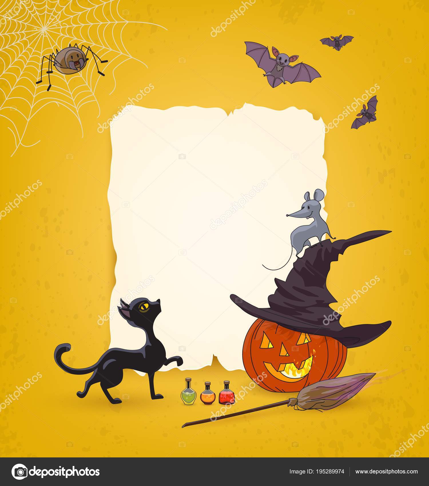 Halloweenbakgrunn med gresskar, edderkopp, kost, hatt, spindelvev, katt,  mus, flaggermus, giftflasker Salg eller invitasjoner til fest stockvektor ©  SMSka #195289974, image size:1500x1700