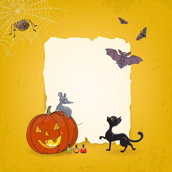 Halloween-Hintergrund mit Kürbis, Spinne, Spinnweben, Katze, Maus, Fledermäusen, Giftflaschenverkauf oder Einladungen zur Party — Stockvektor