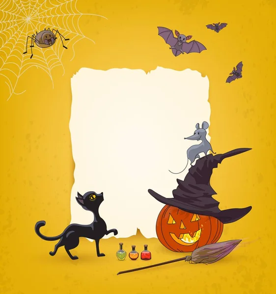 Halloween tło z dyni, Pająk, miotła, kapelusz, Pajęczyna, kota, myszy, nietoperze, poison butelek sprzedaż lub zaproszenia do zabawy — Wektor stockowy