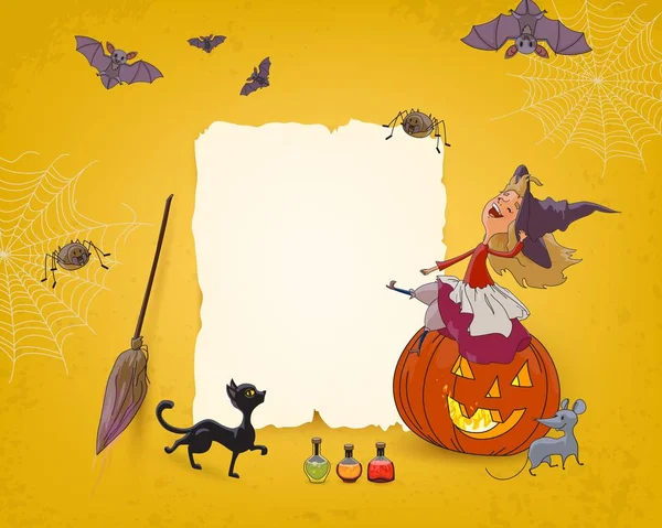 Halloween háttér fiatal boszorkány, tök ünnepi reklám bannerparty ül, és üdülés értékesítés — Stock Vector