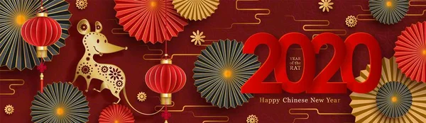 2020 Chinees nieuwjaarsontwerp. Rode en gouden spandoek, rat, papieren waaier en lantaarn — Stockvector