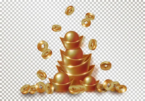 Китайские традиционные золотые или медные слитки, падающие монеты. Новый год в Китае. Вектор — стоковый вектор