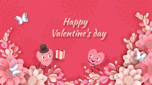 Дизайн дня Святого Валентина, анімовані милі серця хлопчик і дівчинка, 3d півонія, метелик — стоковий вектор