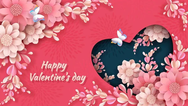 Coeur, pivoines, papillon, Saint Valentin design en papier découpé, couleur corail — Image vectorielle
