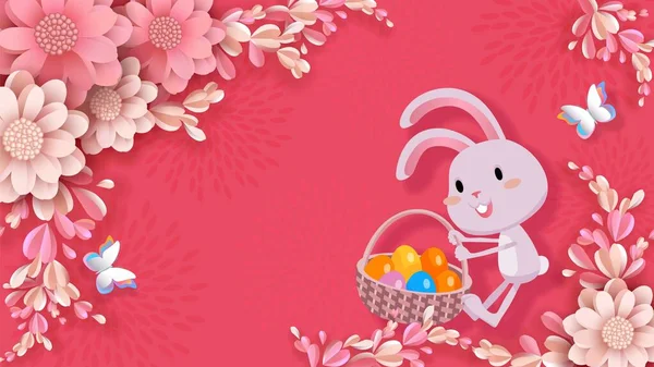 Banner de vector de Pascua, flores 3d, conejo, cesta, huevos de colores, tarjeta de felicitación — Vector de stock