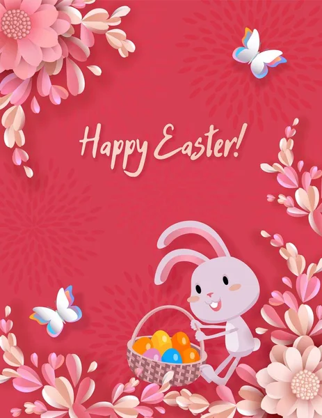 Banner vetor de Páscoa, flores 3d, coelho, cesta, ovos coloridos, cartão de saudação — Vetor de Stock