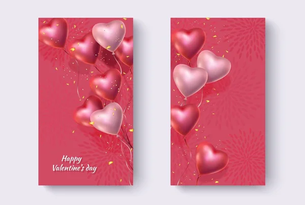 Buon San Valentino banner, 3d rosso rosa palloncini cuore, confetti d'oro, Set — Vettoriale Stock