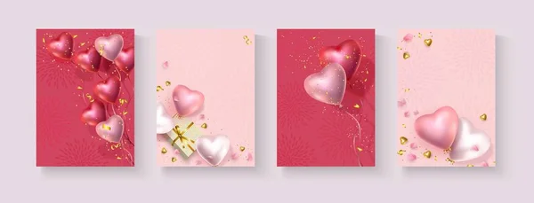 Vektor banner röd rosa vita ballonger form av hjärta, gåva, glitter, kronblad — Stock vektor