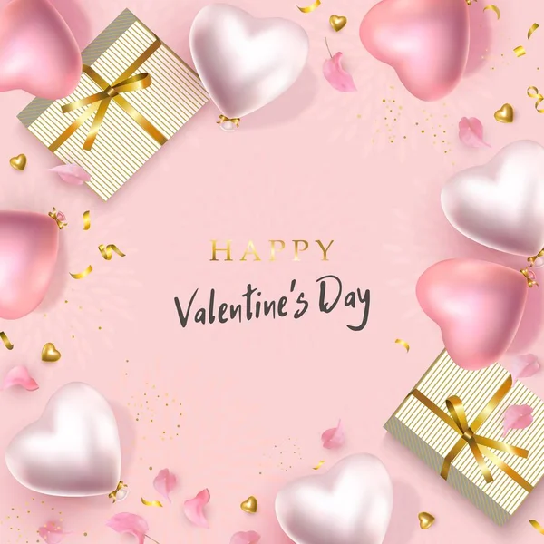 День святого Валентина дизайн. Розовые серебряные гелиевые шарики, золотые конфетти, подарки, лепестки — стоковый вектор