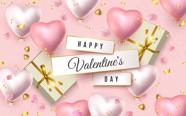 San Valentino banner 3d rosa argento cuore elio palloncino, coriandoli, regalo, petalo — Vettoriale Stock