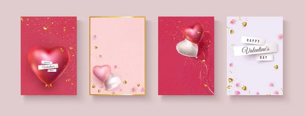 Vektor banner röd rosa vita ballonger form av hjärta, gåva, glitter, kronblad — Stock vektor