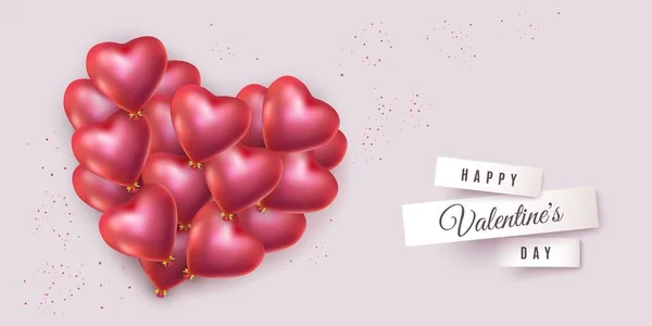 Cuore di San Valentino con molti palloncini di elio rosso a forma di cuore, Vettore — Vettoriale Stock