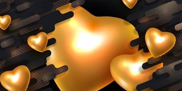 Valentýn černý a zlatý prapor s realistickým zlatým metalem 3d srdce Stock Vektory