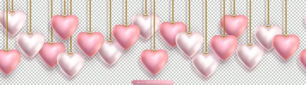 Валентина бесшовная горизонтальная граница с розовыми 3D сердцами висит на золотых цепочках — стоковый вектор