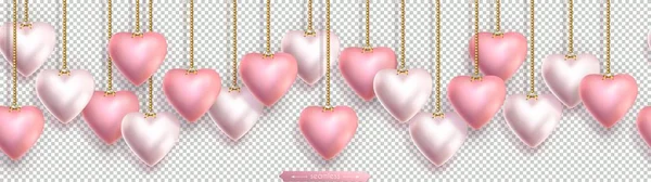 Valentine seamless horizontal border with pink 3D hearts hanging on gold chains Vector Graphics