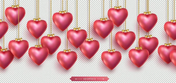 Valentine seamless horizontal border with red 3D hearts hanging on gold chains — Stock Vector