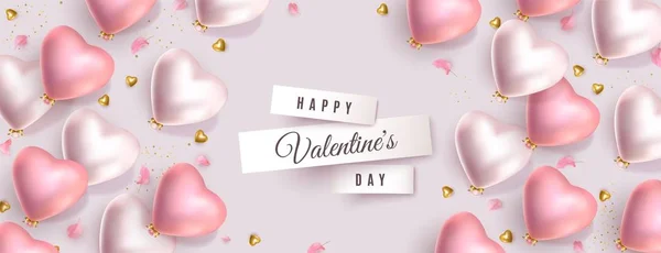 Valentines Day banner. 3d pink gold silver heart-shaped balloons, golden confetti, petals Royalty Free Stock Illustrations