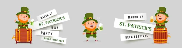 Patricks Day banner beer festival and party, leprechaun sitting on beer barrel with pint Stock Illustration
