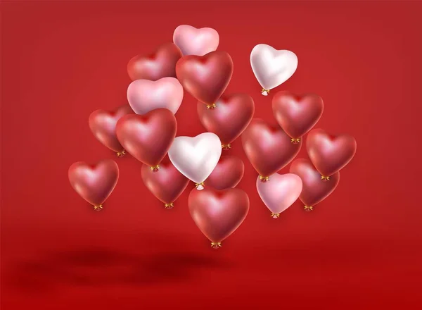 Valentines skupina stoupající červené bílé růžové helium balóny na červeném pozadí Stock Ilustrace