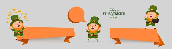 Patricks Day set of banner with leprechaun, gold coins, pot of gold. Isolated sticker Royalty Free Stock Vectors