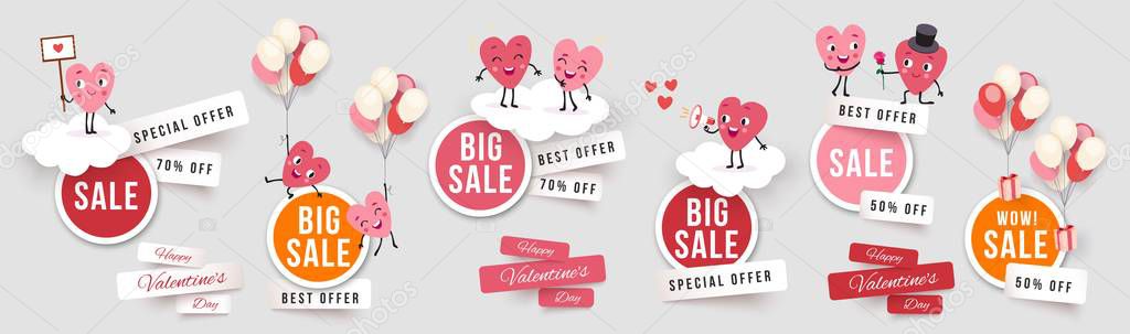 Valentines day sale set banners, papercut stickers with funny animated hearts