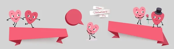 Banderas de la venta del día de San Valentín, fije la cinta con los corazones animados divertidos de los personajes — Vector de stock