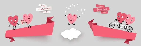 Valentines day sale banners, set stuha s vtipnými postavami animované srdce Stock Ilustrace