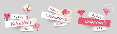 Valentines day papercut banners, set stickers with funny animated hearts