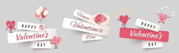 Bannières de coupe de papier Saint-Valentin, placez des autocollants avec des coeurs animés drôles — Image vectorielle