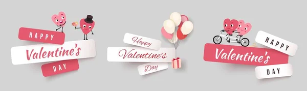 Valentin napi papírvágó bannerek, készlet matricák vicces animált szívvel — Stock Vector