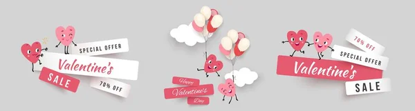 Banderas de la venta del día de San Valentín, fije la cinta con los corazones animados divertidos — Vector de stock